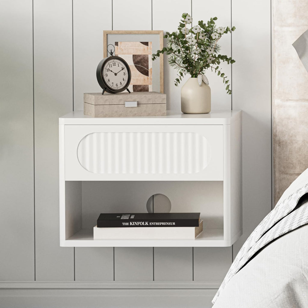 VDNEND Floating Nightstands with Drawer Set of 2, Modern Wall Mounted Bedside Tables for Bedroom, Space Saving Storage Cabinets, Easy Install Hanging Shelf Night Stands for Small Spaces (White)
