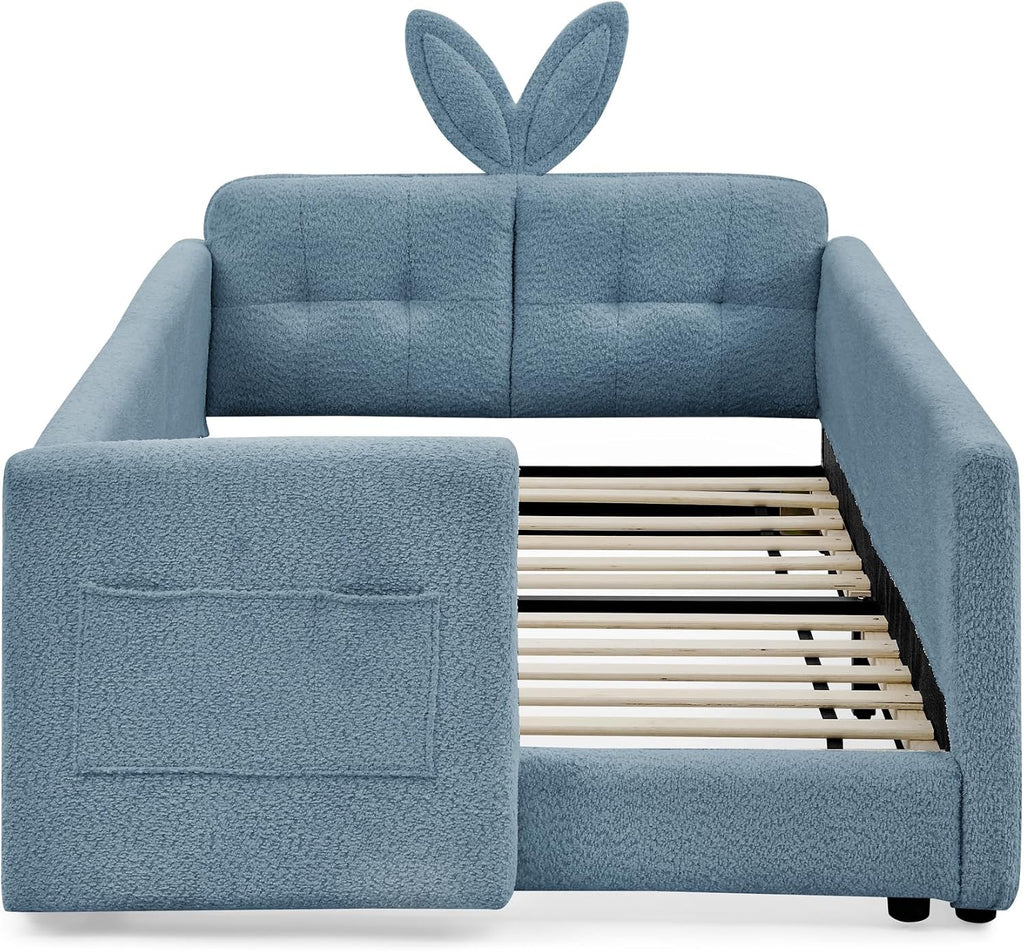 VilroCaz Twin Size Upholstered Platform Bed with Safety Guardrail and Cute Rabbit Ear Shaped Headboard, Boucle Fabric Montessori Kids Bed with Pocket and Sturdy Slats Support (Baby Blue-7.24)