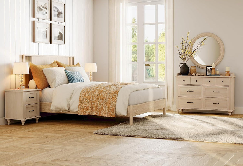 WAMPAT 2 Piece Bedroom Set - Includes 6 Drawer Dresser for Bedroom, Mid Century Nightstand with Charging Station & Drawers, 2 Piece Dresser and Nightstand Sets, Beige