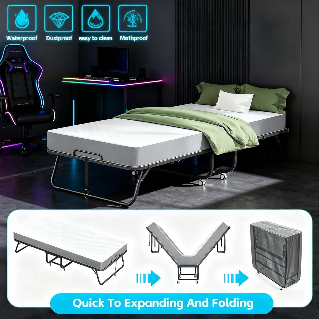 Pataku Folding Bed with Mattress, Twin Foldable Bed, Roll Away Beds for Adults, 75' x 38' Roll Away Portable Beds with 5' Mattress, Folded Frame for Small Apartment, Guest Room