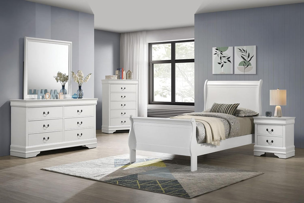 Coaster Home Furnishings Louis Philippe Traditional 5-Piece Bedroom Set Twin Size Sleigh Bed Frame 47-inch Headboard White 202441T-S5