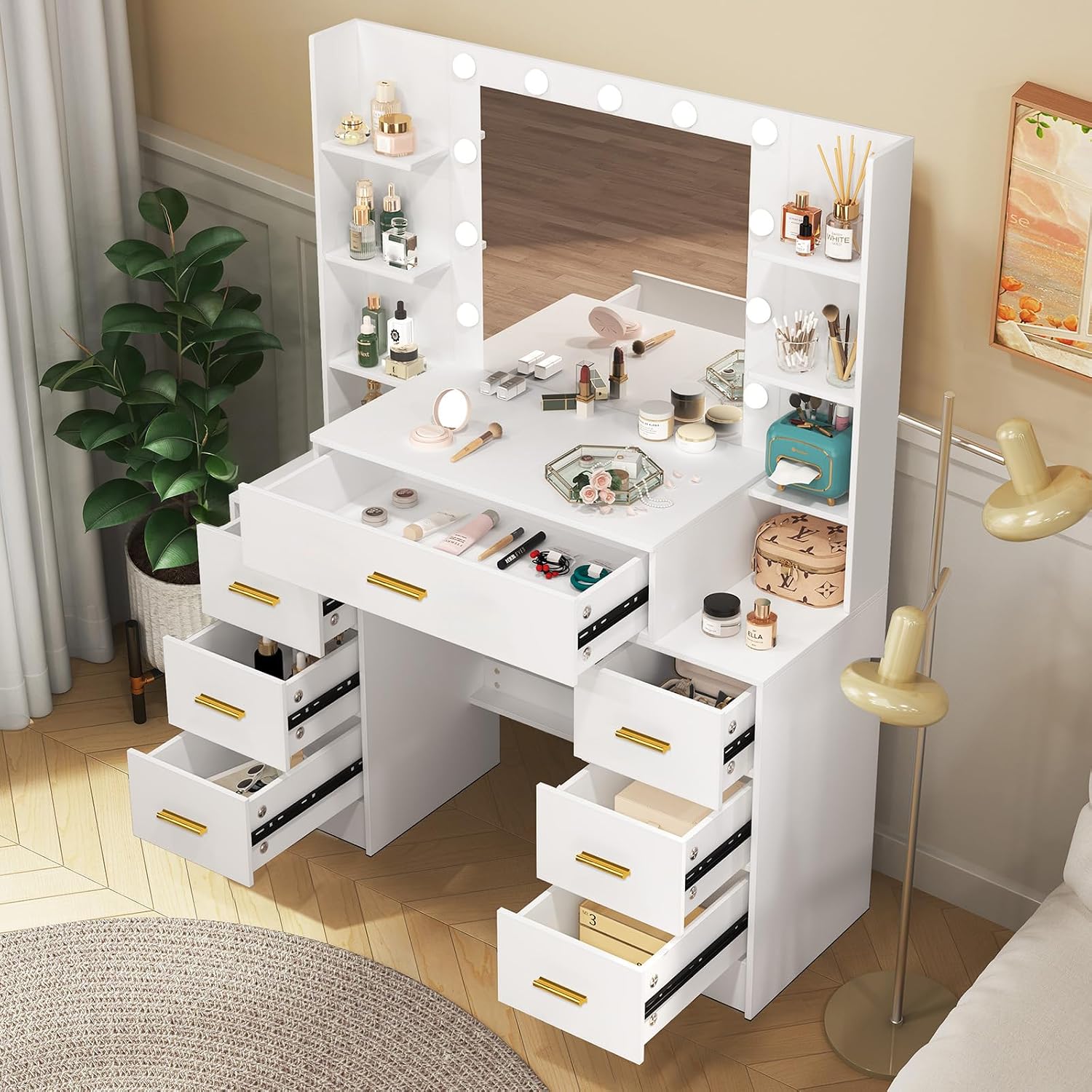 Vanity Desk with Mirror and Lights, Vanity Table with 7 Drawers and 6 Storage Shelves, 3 Lighting Modes Adjustable, Dressing Table Vanity Set, Makeup Vanity Table for Bedroom, Dressing Room, White