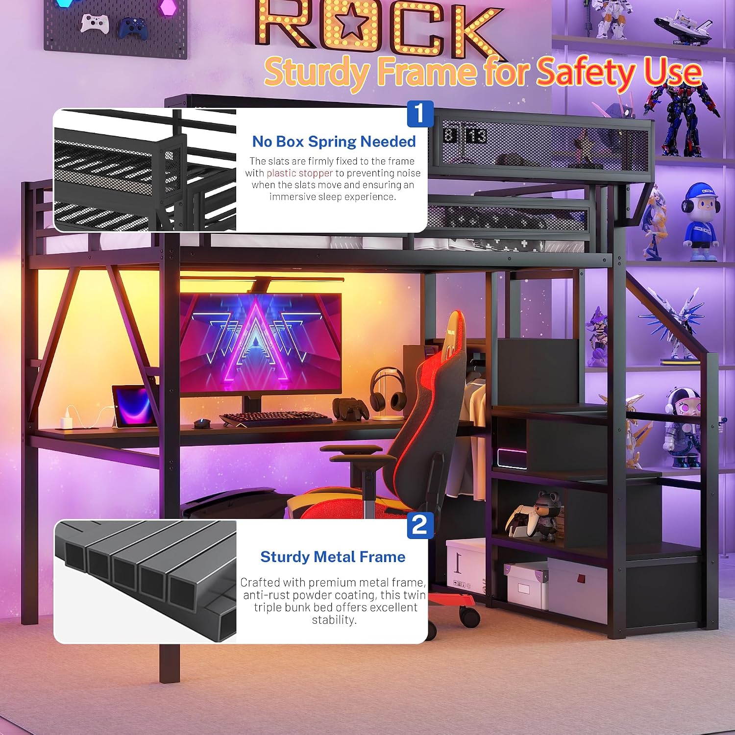Metal Loft Bed with Desk and RGB LED Lights,Kids Loft Beds with Stairs and Charging Station,Full Size Loft Bed with Storage Shelves for Upper and Wardrobe,Loft Beds Frame for Kids(Black)