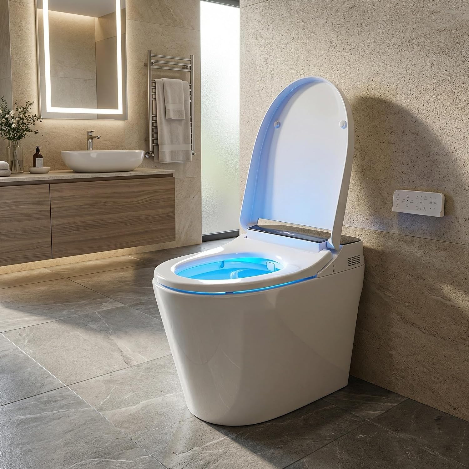 GarveeTech Smart Toilet with Bidet Built in, Heated Seat & Dual Auto Flush, Foot Sensor, Modern Extended Electric Toilet with Water Tank, Warm Water Wash, Air Drying, LED Night Light, Remote