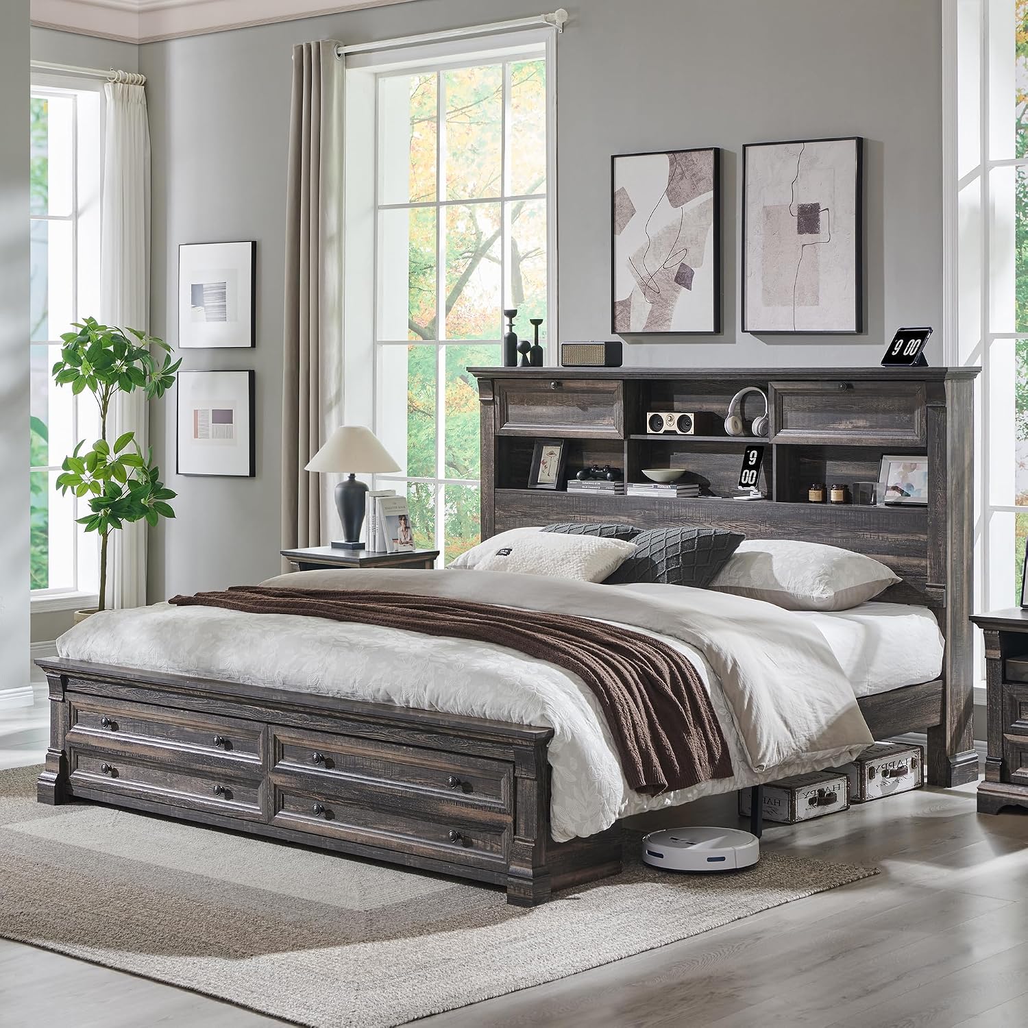 T4TREAM Farmhouse Queen Size Bed Frame with 54' Tall Storage Bookcase Headboard, Wood Platform Bed Frame with 18' Tall Roman Column Decoration Footboard & 2 Drawers(Dark Rustic Oak)