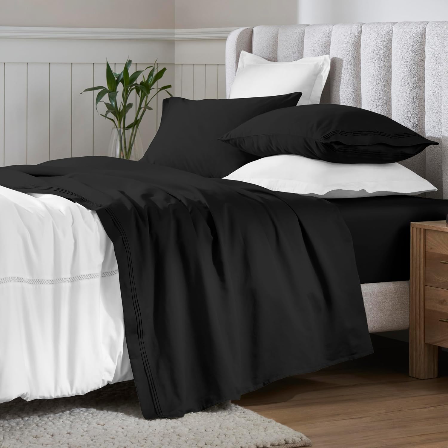 Superior Egyptian Cotton 4 Piece Sheet Set, 650 Thread Count, Eco-Friendly, Sustainable Sheets, Ultra-Soft Basics, Solid, Deep Pocket Fitted Sheet, Flat Sheet, Pillowcases, Full, Black