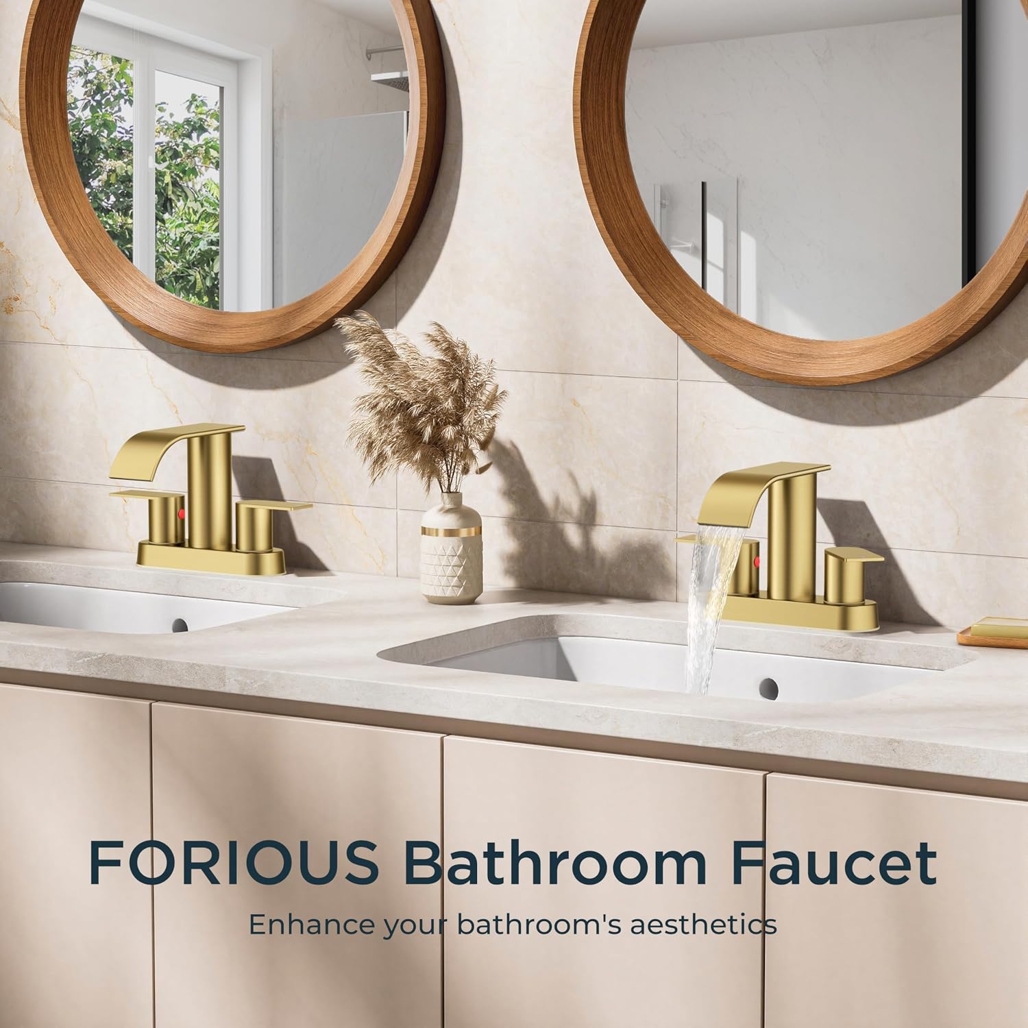 FORIOUS Brushed Gold Bathroom Sink Faucet, Waterfall 4 Inch Centerset Bathroom Faucets with Metal Pop up Drain and cUPC Hose for Basin, Vanity, RV, Lavatory 2 or 3 Hole Sink, 2 Pack
