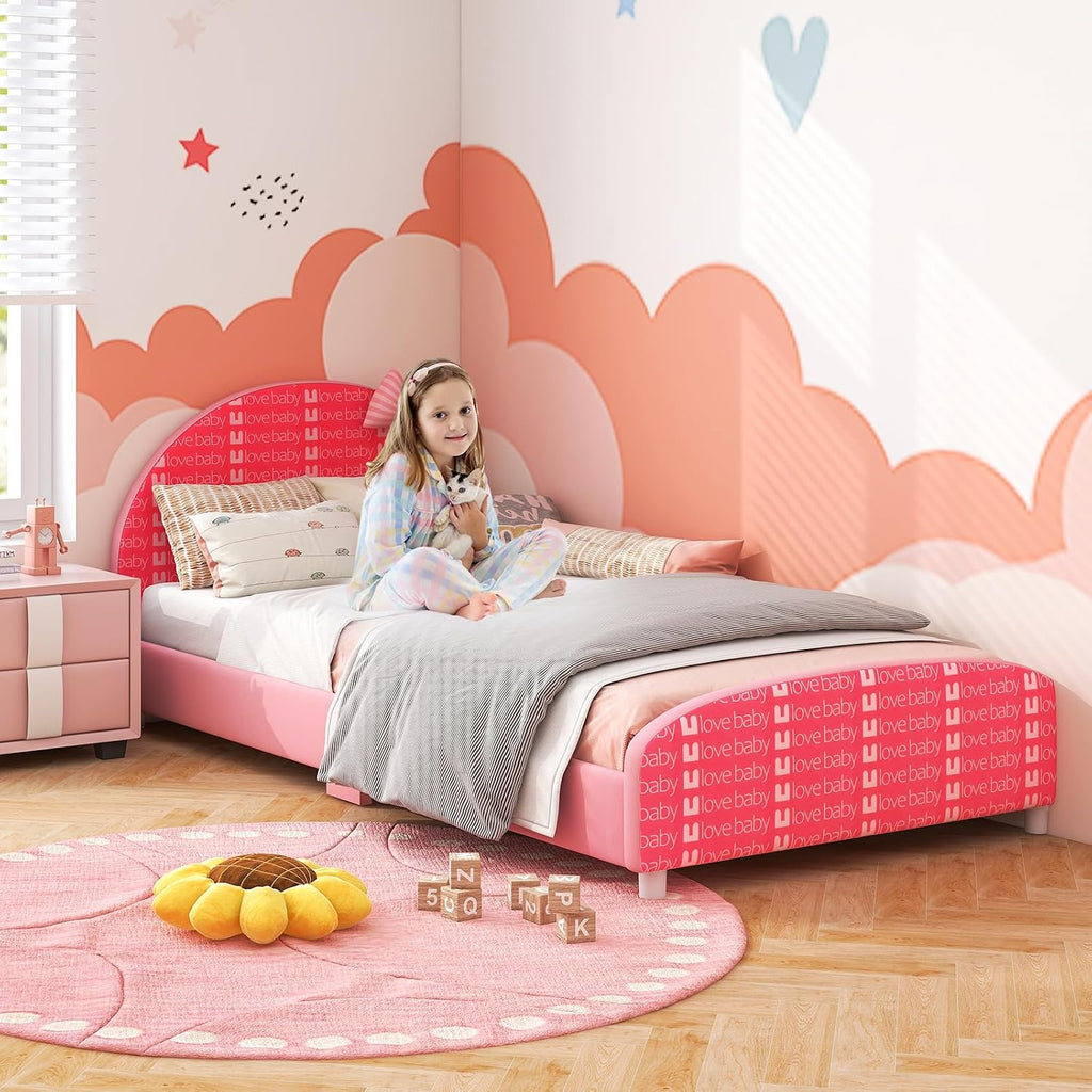 Costzon Twin Bed Frames for Kids, Wood Upholstered Twin Bed Platform with Slat Support, Padded Headboard&Footboard, No Box Spring Needed, Easy Assembly, Fits Standard Twin Mattress (Bow Tie)