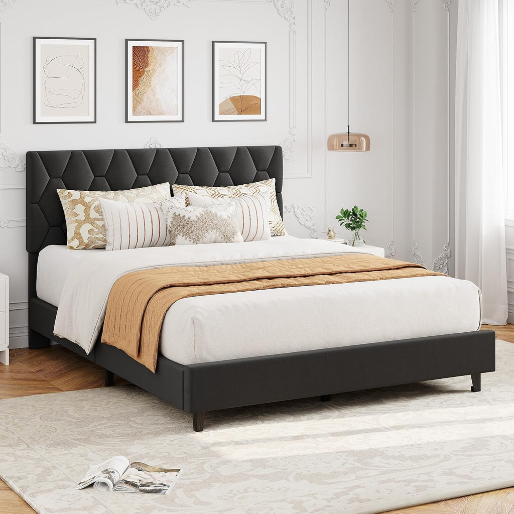 GAOMON Grey Queen Bed Frame with Upholstered Headboard, Heavy-Duty Platform Bed Frame with Strong Wood Slats, No Box Spring Needed/Easy Assembly/Noise Free