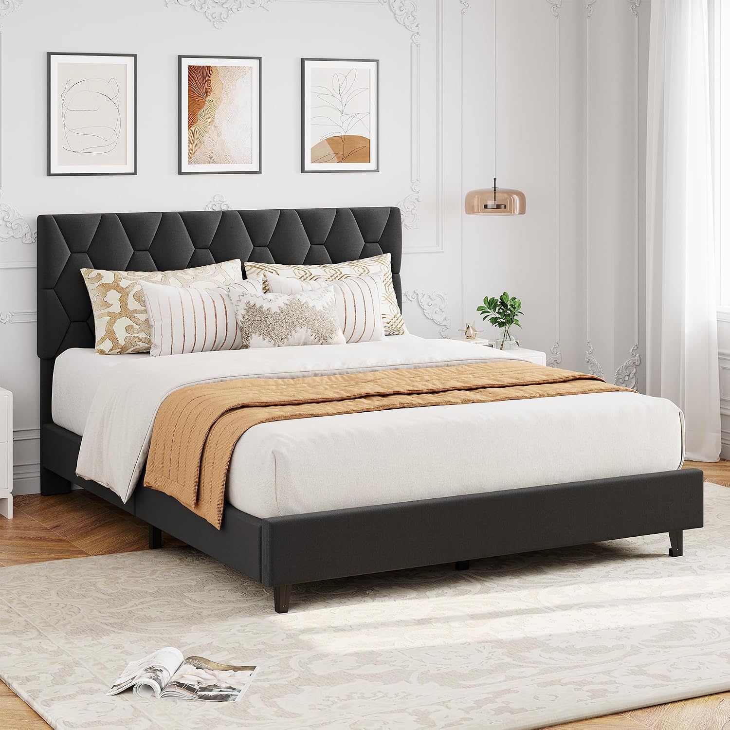 GAOMON Grey Queen Bed Frame with Upholstered Headboard, Heavy-Duty Platform Bed Frame with Strong Wood Slats, No Box Spring Needed/Easy Assembly/Noise Free