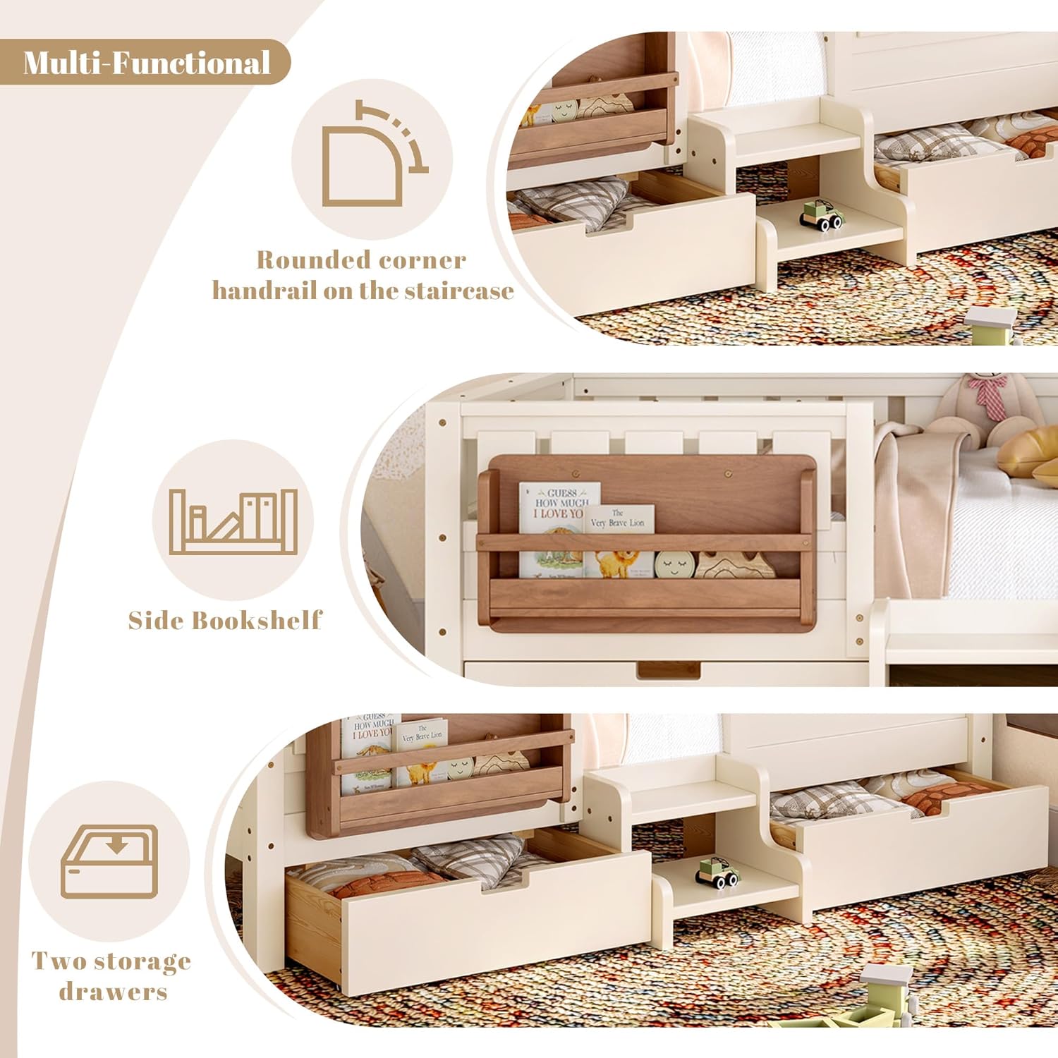 Bellemave Twin Montessori Bed with Stairs, Rails and Slats, Twin Size Montessori Floor Bed with Bookshelf and 2 Storage Drawers, Easy Assemble Beds Frame for Girls, Boys, Beige