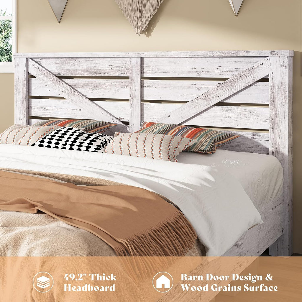 AMERLIFE King Size Bed Frame with 49.2' Barn Door Headboard and Footboard, Farmhouse Platform Bed Frame with Wood Slats, No Box Spring Needed, Under Bed Storage, Distressed White