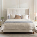 Ball & Cast Queen Bed Frame with Wingback Headboard, Velvet Upholstered Platform Bed with Strong Wooden Slats, Button Tufted and Nailhead Trim Design,No Box Spring Needed,Ivory