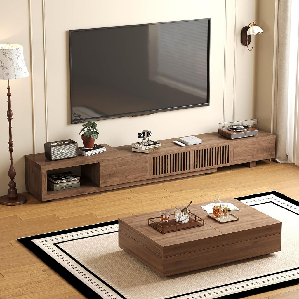 Mid-Century Modern TV Stand & Expandable Coffee Table Set, Walnut Finish, Stylish Storage Combo for Living Room or Bedroom (78.54' to 103' TV Stand+Coffee Table)