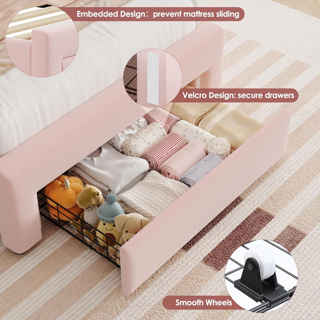 HIFIT 2 Set Upholstered Twin Size LED Bed Frame with Storage Drawer and Charging Station, Velvet Princess Twin Bed for Kids, Girls Bed with Double Wavy Wingback Headboard and Solid Frame, Pink