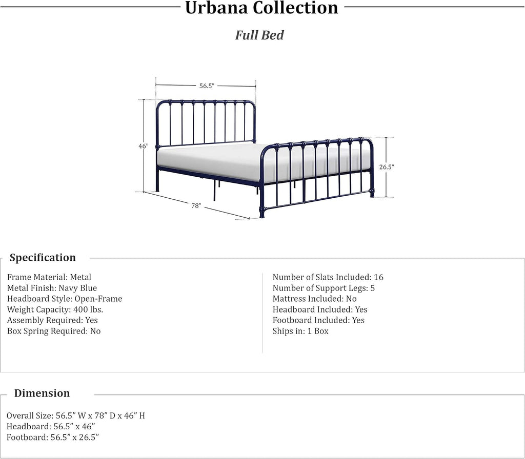 Lexicon Full Metal Bed Frame, Platform Bed with Strong Metal Slat Support Under Bed Storage, Full Bed Frame with Headboard, No Box Spring Needed, Easy Assembly, Full, Navy Blue