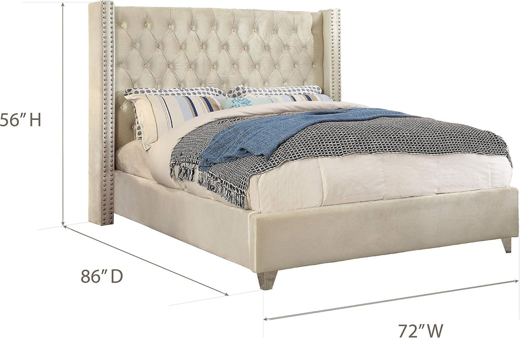 Meridian Furniture Aiden Collection Modern | Contemporary Velvet Upholstered Bed with Deep Button Tufting, Solid Wood Frame, and Custom Chrome Legs, Queen, Cream