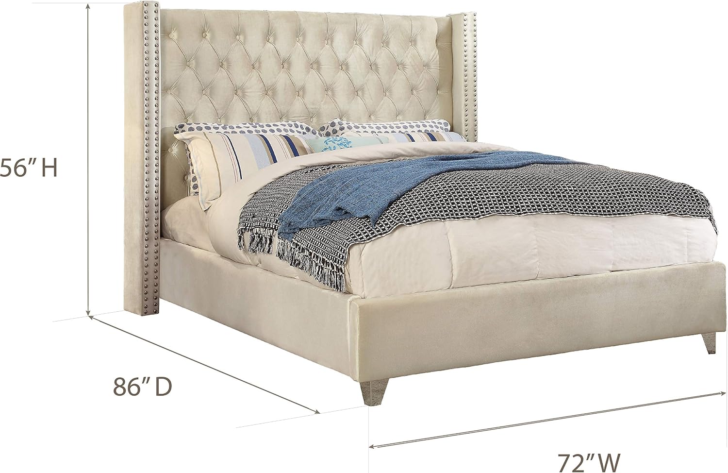 Meridian Furniture Aiden Collection Modern | Contemporary Velvet Upholstered Bed with Deep Button Tufting, Solid Wood Frame, and Custom Chrome Legs, Queen, Cream