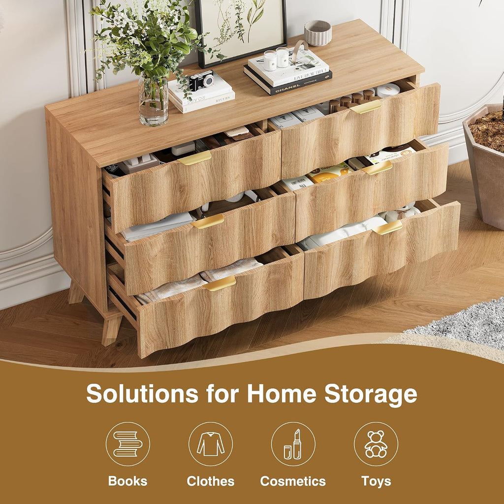 6 Drawer Dresser, Modern Fluted Storage Dresser with Deep Drawers and Metal Handles, Wood Chest of Drawers Storage Organizer for Bedroom, Living Room, Hallway (Natural)