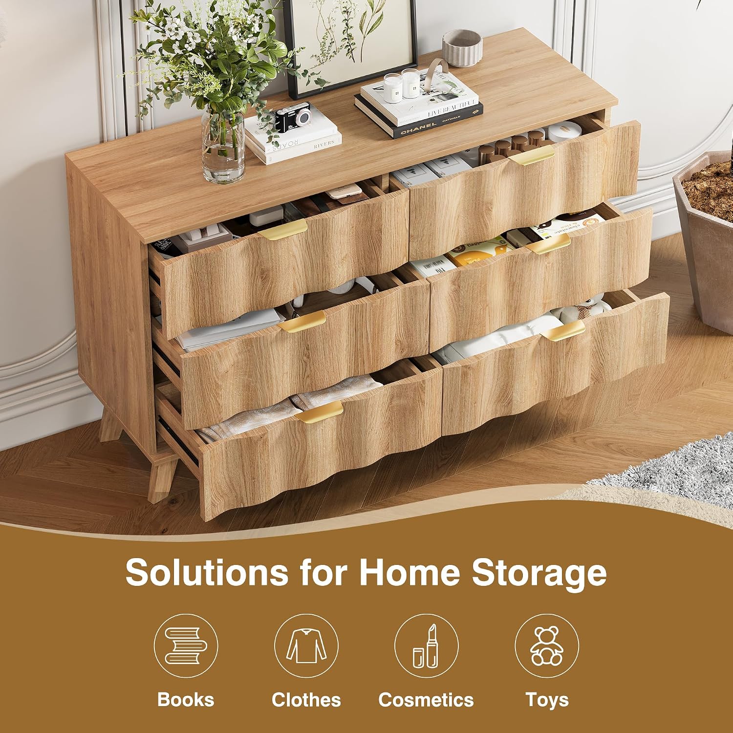 6 Drawer Dresser, Modern Fluted Storage Dresser with Deep Drawers and Metal Handles, Wood Chest of Drawers Storage Organizer for Bedroom, Living Room, Hallway (Natural)