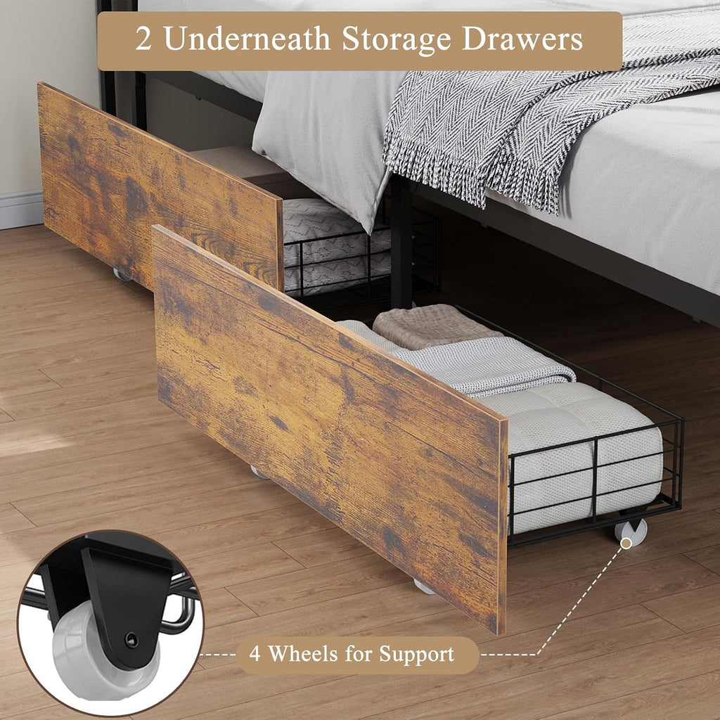 Full Corner Bed Frame with Storage Bookcase and Desktop, Daybed with Charging Station & 2 Storage Drawers, Full Size U-Shaped Metal Platform Bed for Teen & Kids, Bedroom, Living Room, Vintage Brown