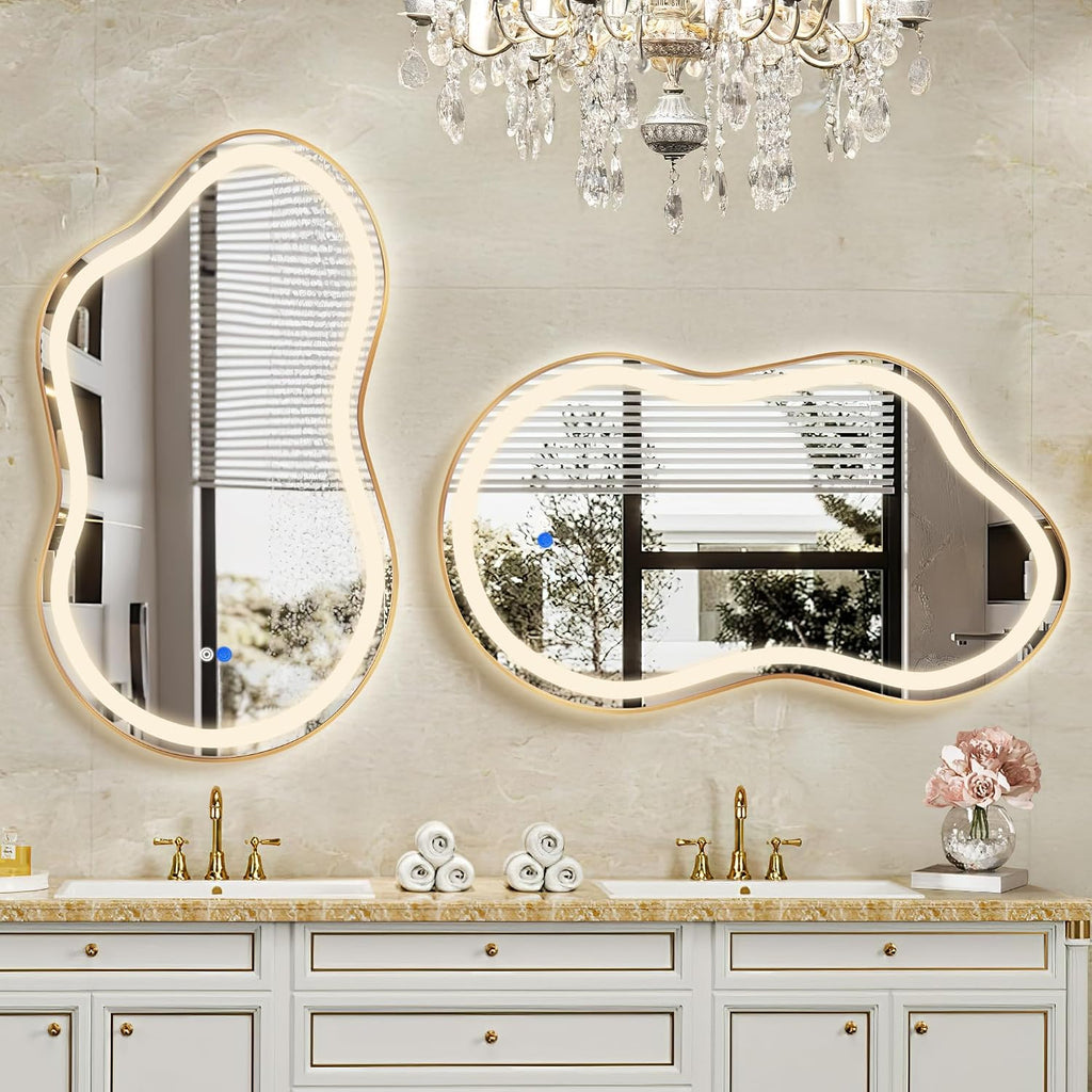 Irregular LED Bathroom Mirror with Lights, Cloud Smart Backlit Mirror, Dimmable Lighted Bathroom Gold Mirror with Anti-Fog, Asymmetrical Vanity Mirror Hangable 2 Ways (Gold, 26 x 46, 1 Pack)