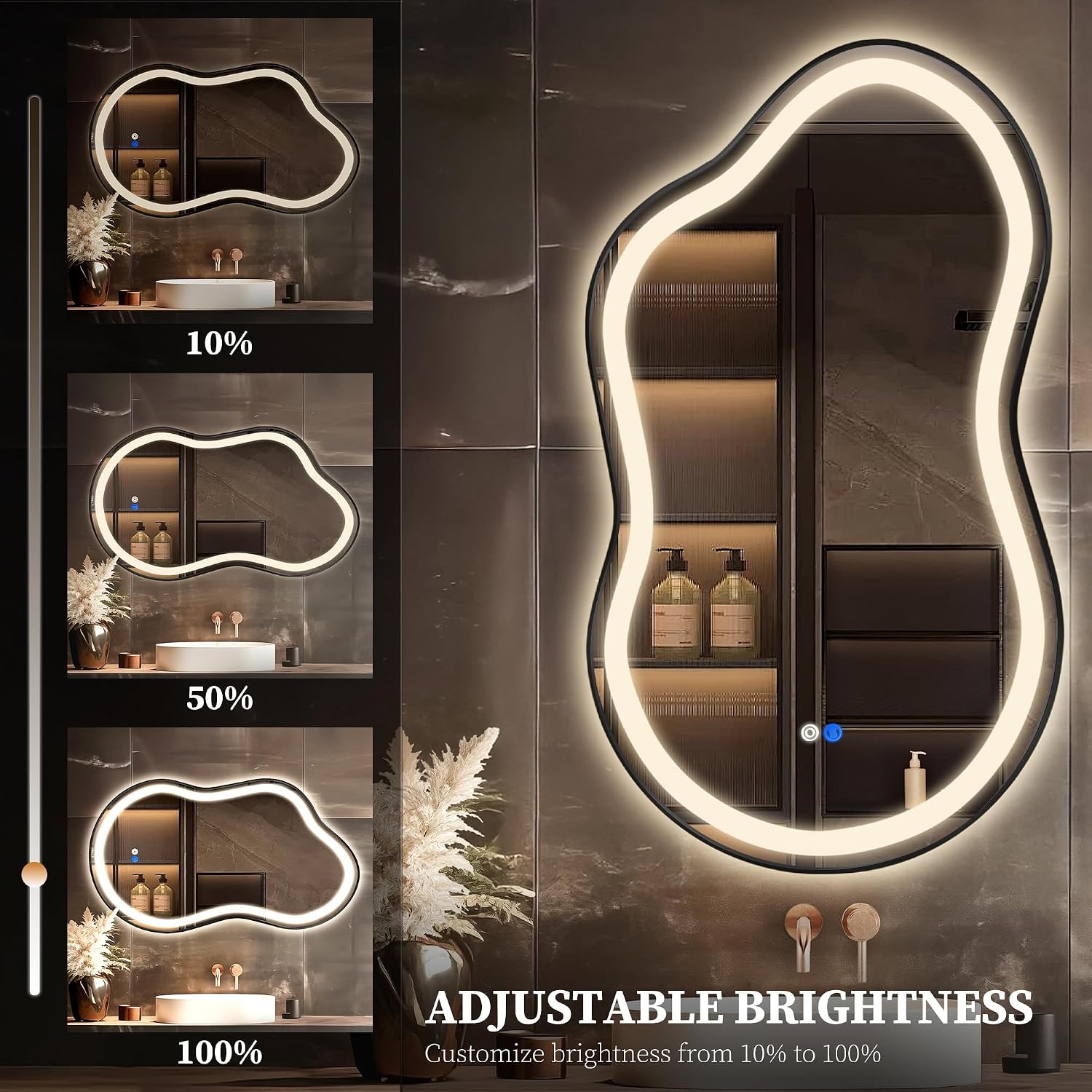 Irregular LED Bathroom Mirror with Lights, Cloud Smart Backlit Mirror, Dimmable Lighted Bathroom Mirror with Anti-Fog, Asymmetrical Vanity Mirror Hangable 2 Ways (Black, 24' x 36', 2 Pack)