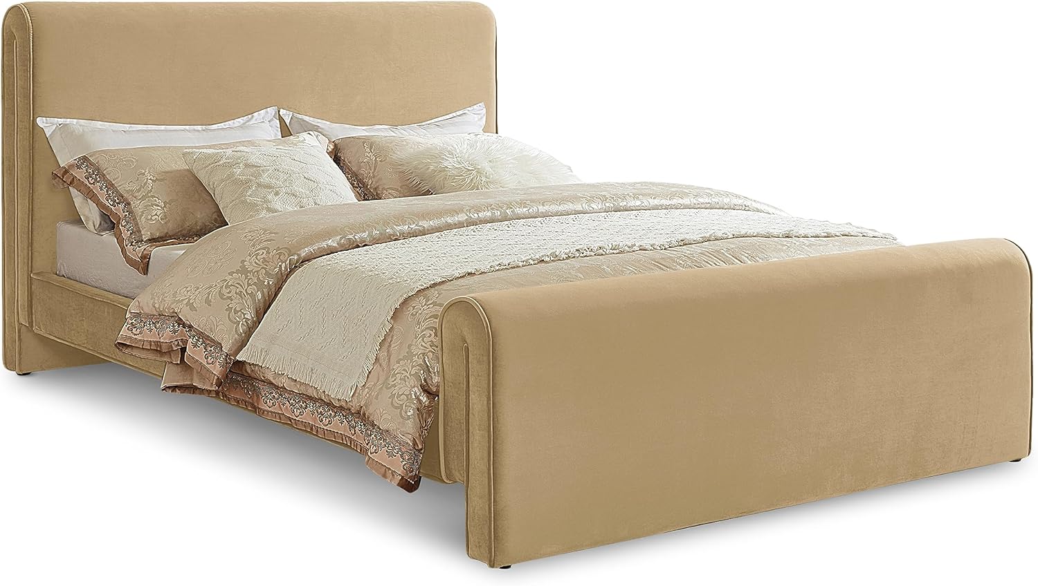 Meridian Furniture SloanCamel-F Sloan Collection Modern | Contemporary Velvet Upholstered Full Bed with Rich Soft Camel Velvet, Curved Headboard and Footboard, 59.5' W x 92' D x 45' H, Camel, Full