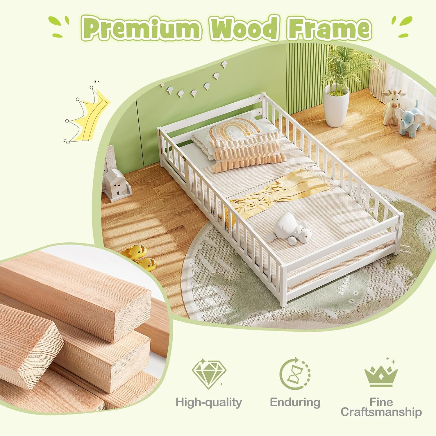 KOMFOTT Twin Size Wood Floor Bed with Door & Fence, Montessori Bed Frame with Full Length Safety Guardrails, Door & Latch, Wooden Montessori Floor Bed for Kids, Girls, Boys (White, Twin)