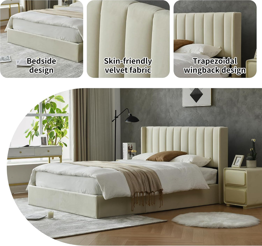 YUHUASHI Queen Size Hydraulic Storage Bed, Upholstered Platform Bed Frame, Modern Wingback Design Headboard, Velvet Fabric with Hydraulic Support Bars, No Box Spring Required (Cream, Queen)