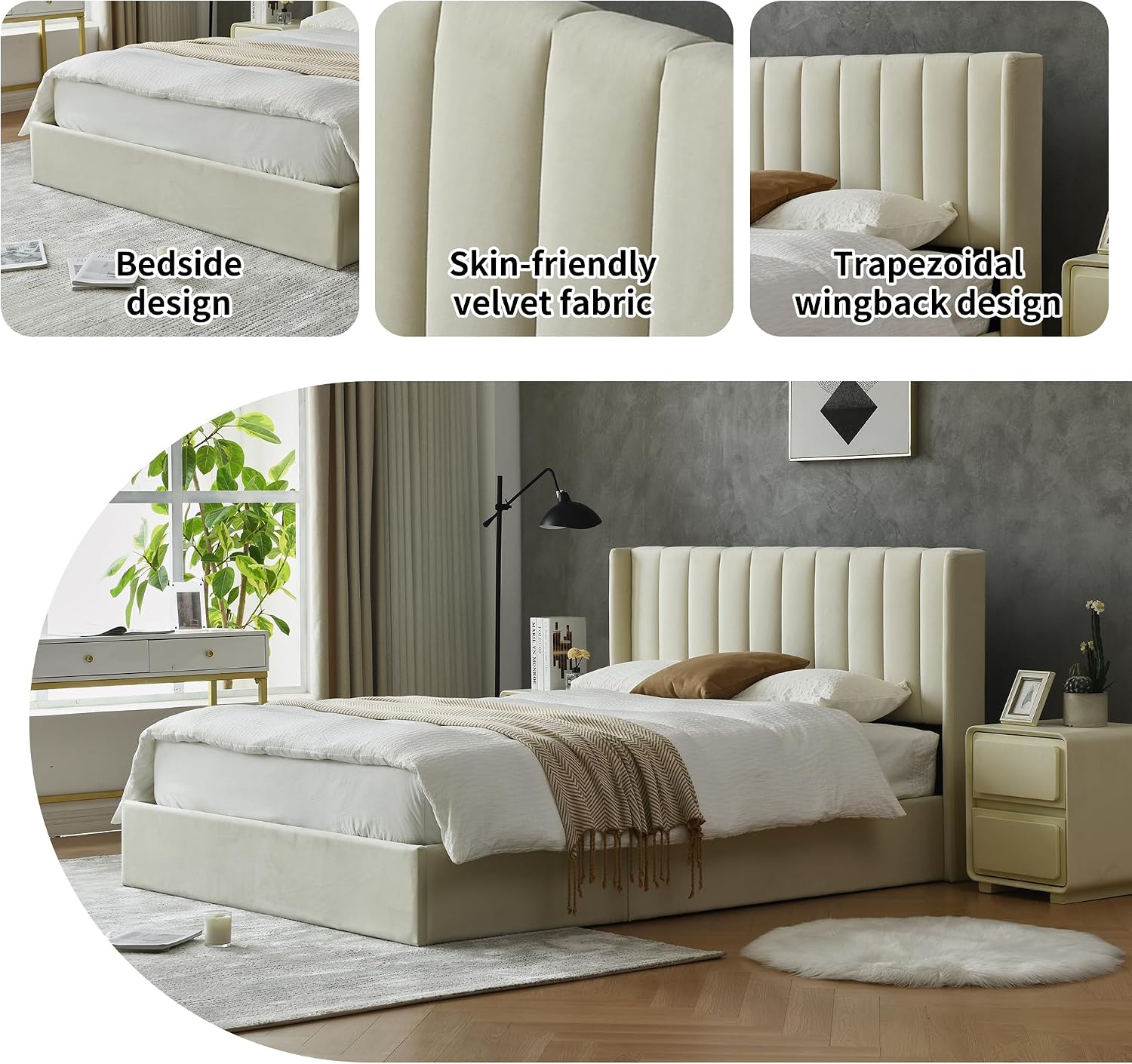 YUHUASHI Queen Size Hydraulic Storage Bed, Upholstered Platform Bed Frame, Modern Wingback Design Headboard, Velvet Fabric with Hydraulic Support Bars, No Box Spring Required (Cream, Queen)