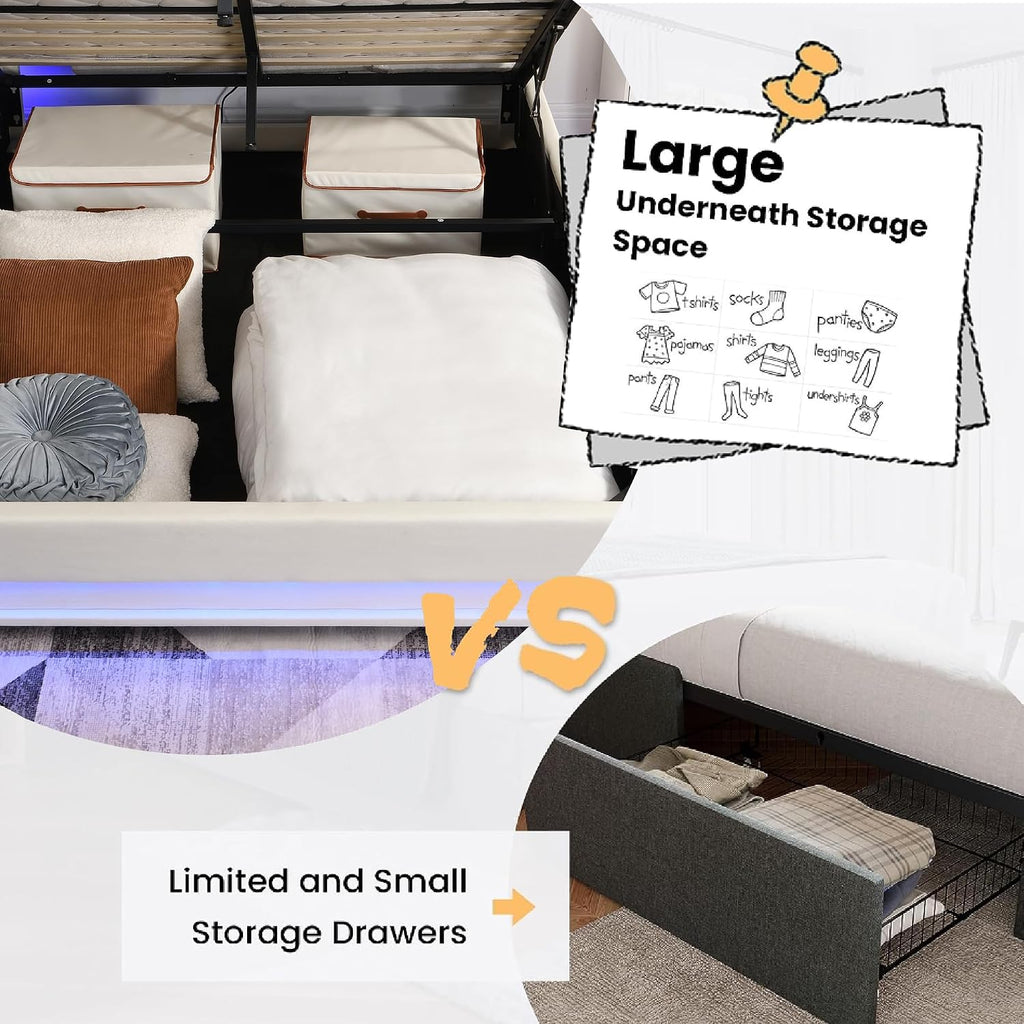 Ailisite Queen Size Lift Up Storage Bed, Upholstered Platform Bed with Button Tufted Wingback Storage Headboard, Bed Frame Queen Size with Led Lights and Charging Station, No Box Spring Needed, Beige