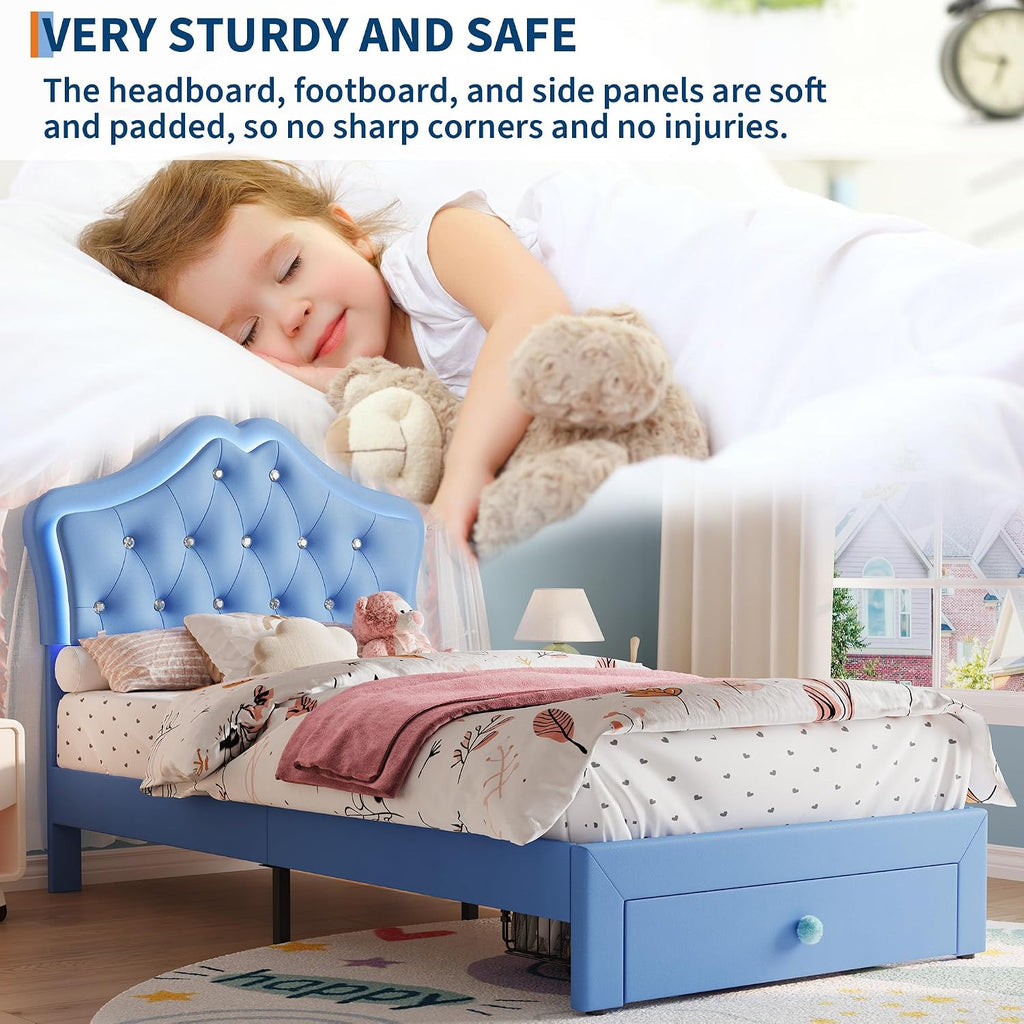 Garvee Twin Size Bed Frame with LED Lights & Velvet Crystal Button Headboard, Upholstered Boy/Girl Platform Bed with Storage Drawer, Noise Free, No Box Spring Needed for Kids, Teens, Blue