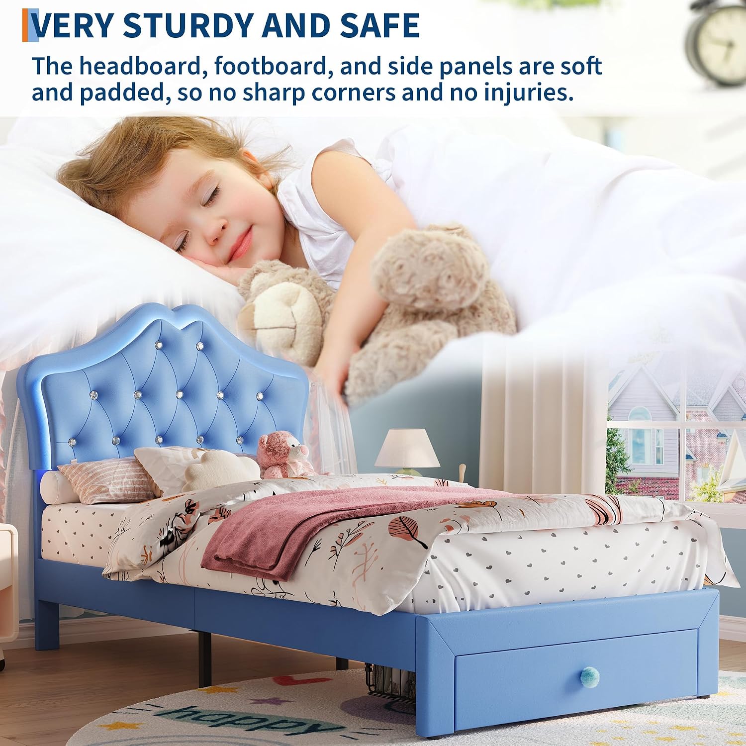 Garvee Twin Size Bed Frame with LED Lights & Velvet Crystal Button Headboard, Upholstered Boy/Girl Platform Bed with Storage Drawer, Noise Free, No Box Spring Needed for Kids, Teens, Blue