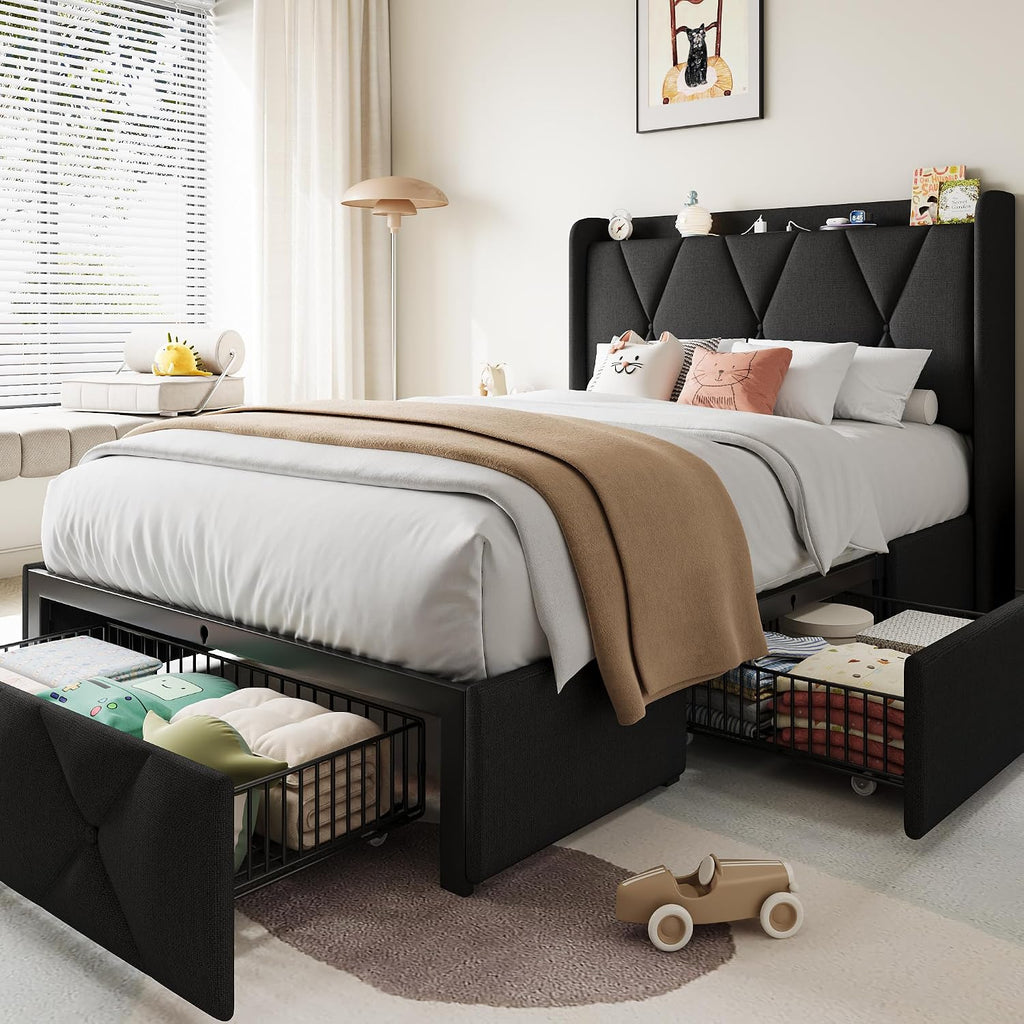 Einhomn Twin Bed Frame with 3 Storage Drawers, Upholstered Bed Frame with Charging Station and Storage Headboard, No Box Spring Needed, Easy Assembly, Black