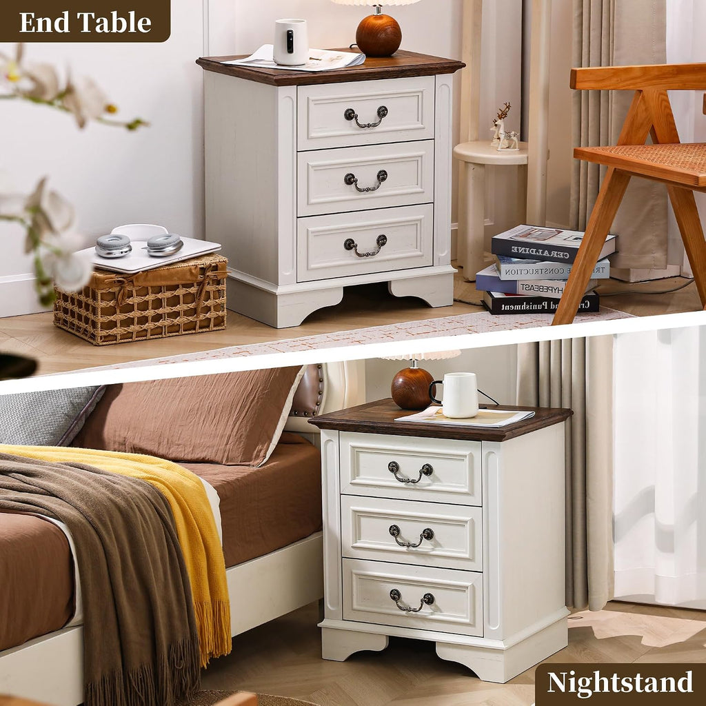 Farmhouse Dresser and Nightstand Sets, 6-Drawer Dresser & 3 Drawer Nightstand Sets, 3 Pieces Rustic Wood Bedroom Furniture Set for Home, Bedroom, Hallway(White)