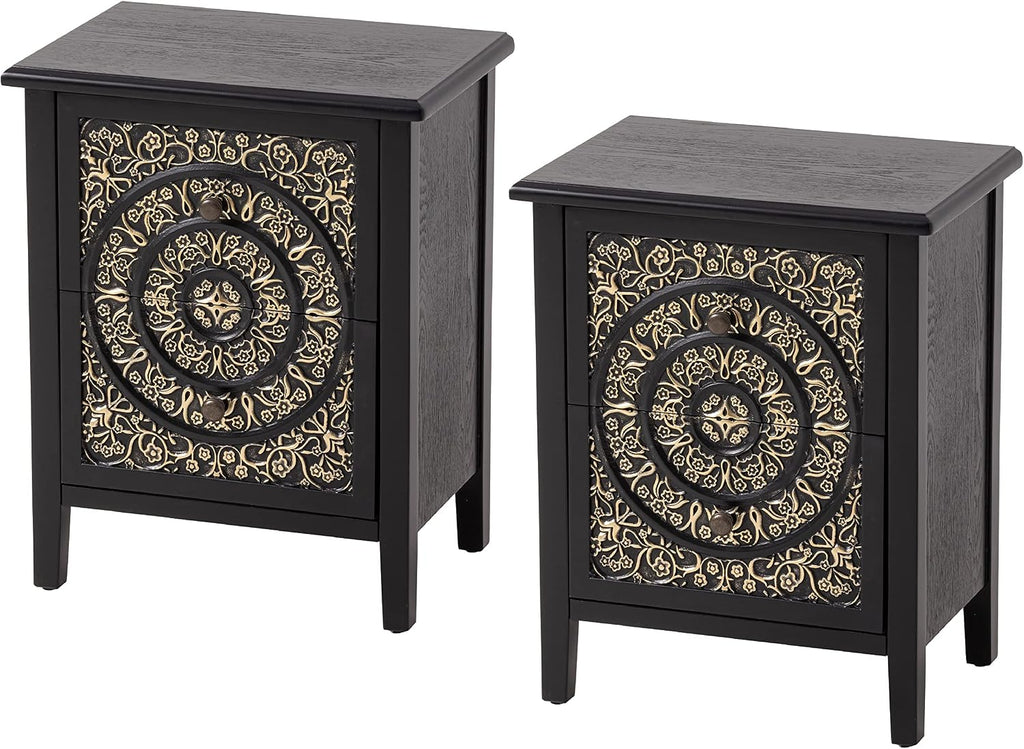 COZAYH Set of 2 2-Drawer Fully-Assembled Flower Motif Nightstand for Small Spaces, French Country, Modern, Distressed Finish,Gold & Black