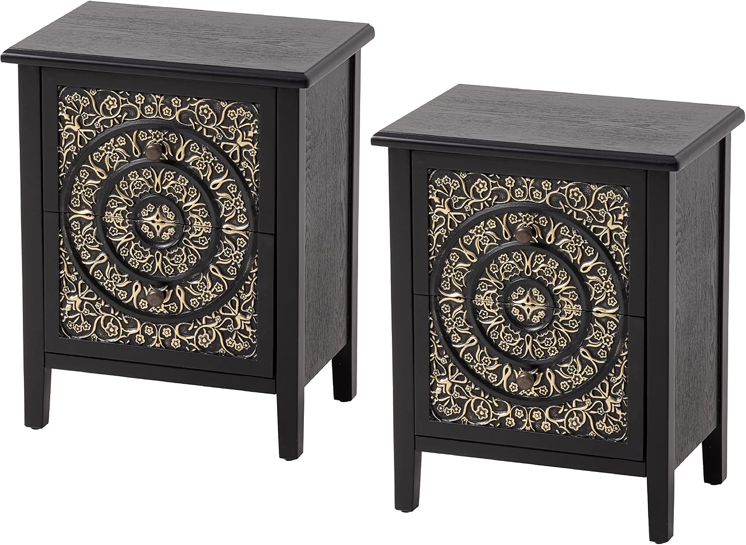 COZAYH Set of 2 2-Drawer Fully-Assembled Flower Motif Nightstand for Small Spaces, French Country, Modern, Distressed Finish,Gold & Black