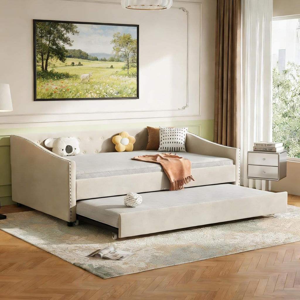 Upholstered Daybed with Trundle, Full Size Day Bed w/Button-Tufted Back and Piping on Waved-Shape Arms for Bedroom or Guest Room, No Box Spring Required,Beige