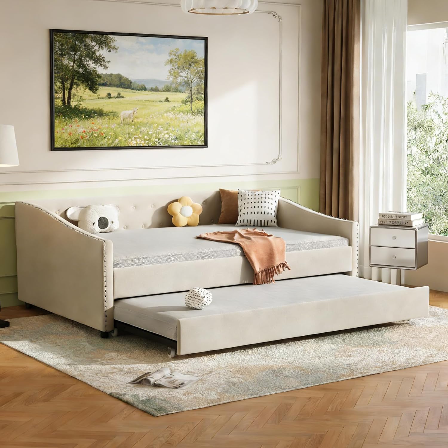Upholstered Daybed with Trundle, Full Size Day Bed w/Button-Tufted Back and Piping on Waved-Shape Arms for Bedroom or Guest Room, No Box Spring Required,Beige