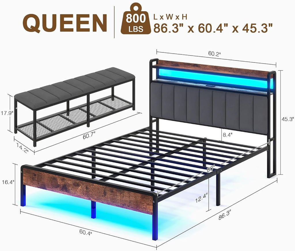 VECELO Queen Size Bed Frame with LED Lights and Bench, Upholstered Headboard Bed Frame with Storage & USB Charging Station, Sturdy Metal Frame, No Box Spring Needed, Grey