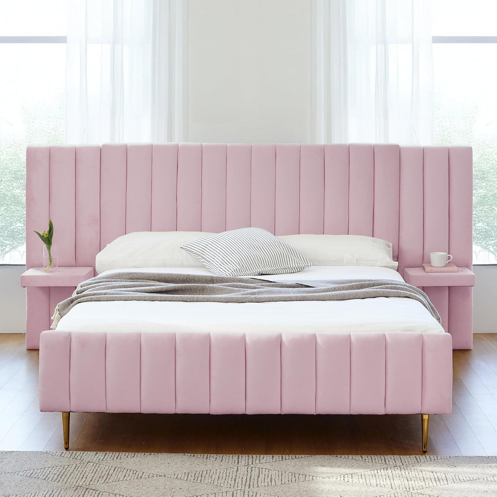 Livinia Twin Size Elton Velvet Platform Bed Set, Upholstered Bed Frame with Vertical Channel Tufted Headboard Footboard with 2 Side Panel Nightstands, No Box Spring Needed, Pink (Twin)