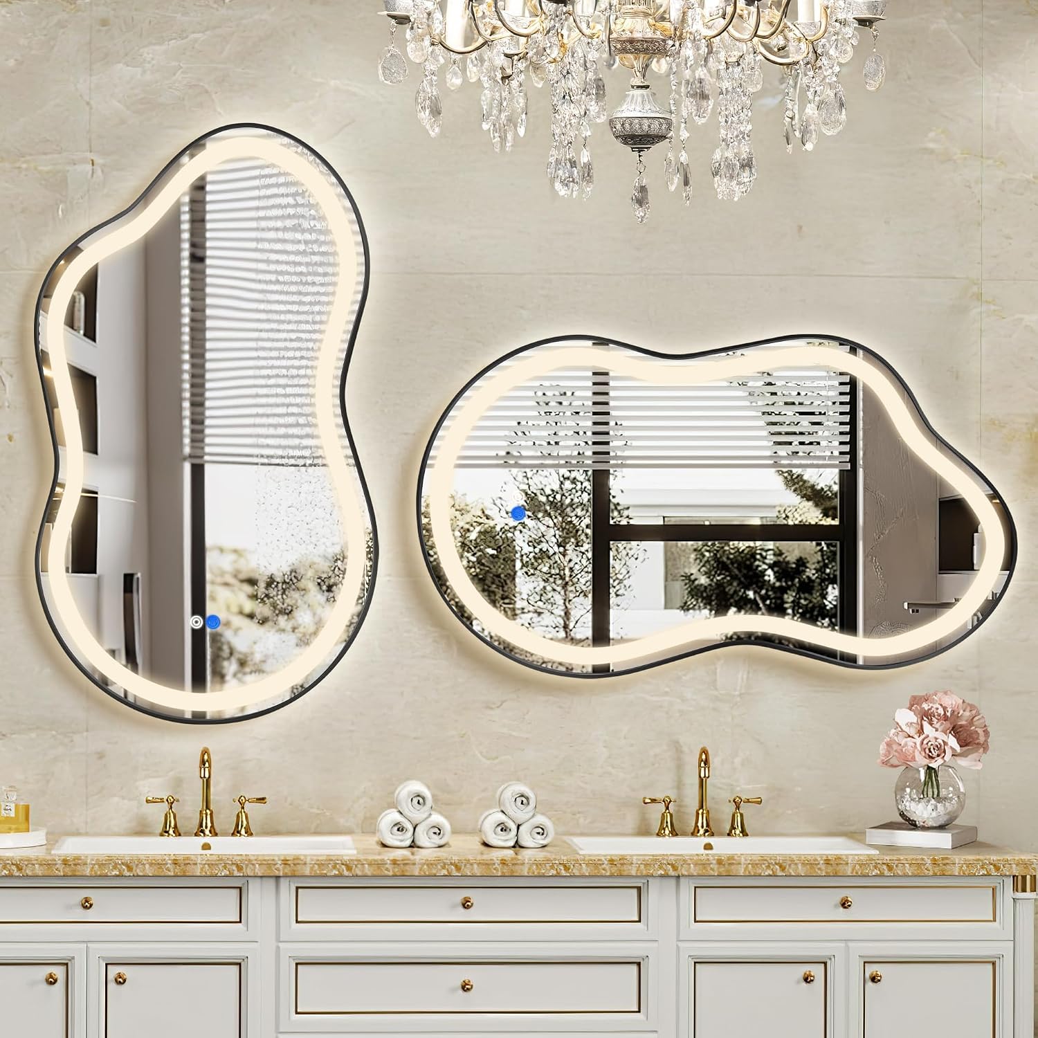 Irregular LED Bathroom Mirror with Lights, Cloud Smart Backlit Mirror, Dimmable Lighted Bathroom Mirror with Anti-Fog, Asymmetrical Vanity Mirror Hangable 2 Ways (Black, 24' x 36', 1 Pack)