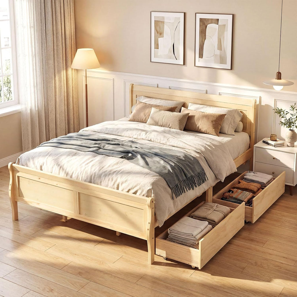 Giantex Queen Bed Frame with 2 Storage Drawers, Wood Platform Bed w/Headboard & Footboard, Wooden Slats Support Mattress Foundation, Sleigh Bedframe for Teens Adults, No Box Spring Needed (Natural)