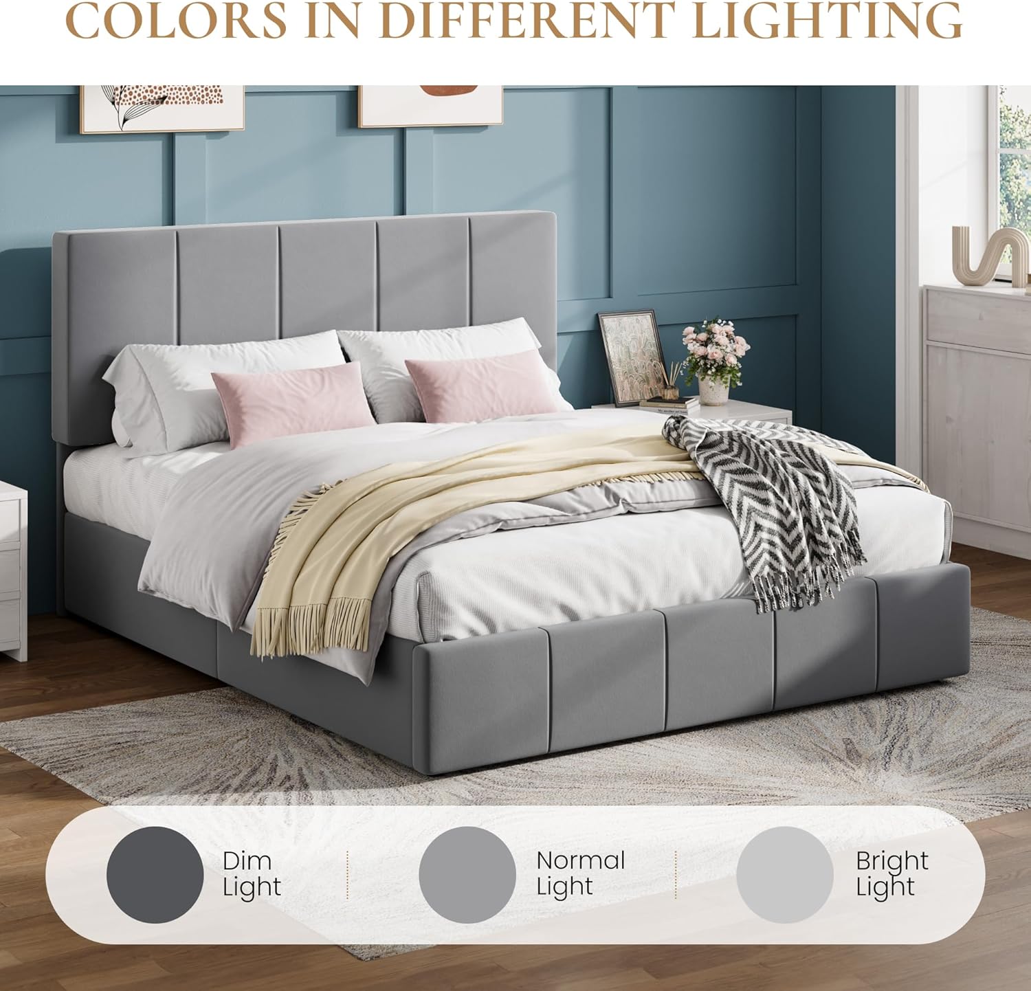 SHA CERLIN Full Size Bed Frame, Velvet Upholstered Platform Bed, Vertical Channel Tufted Adjustable Headboard, Low Profile Bed Frame, No Box Spring Needed, Easy Assembly, Grey