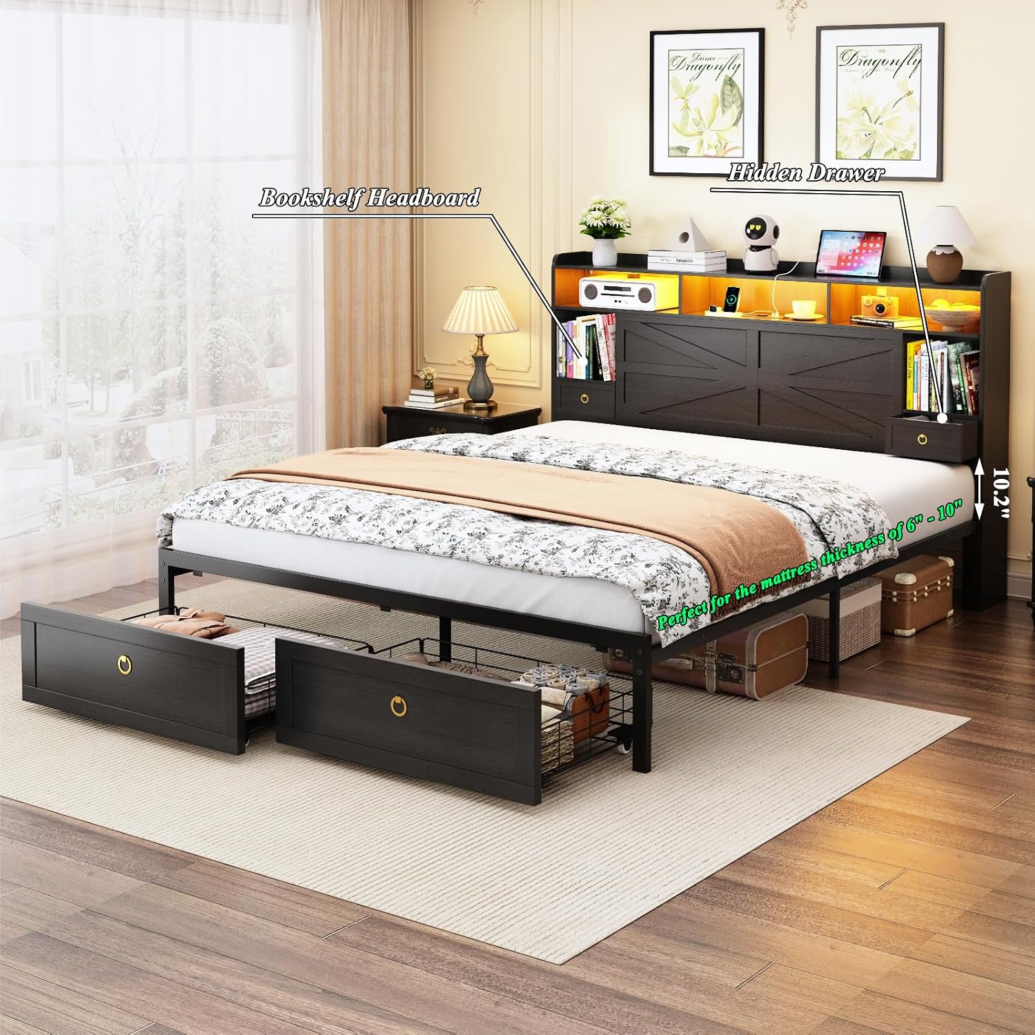 Queen Bed Frame with Storage Headboard, Farmhouse Platform Bed Frame with Bookshelf, Drawers, LED Lights and Charging Station, Metal Slats Support, Noise Free, No Box Spring Needed, Black