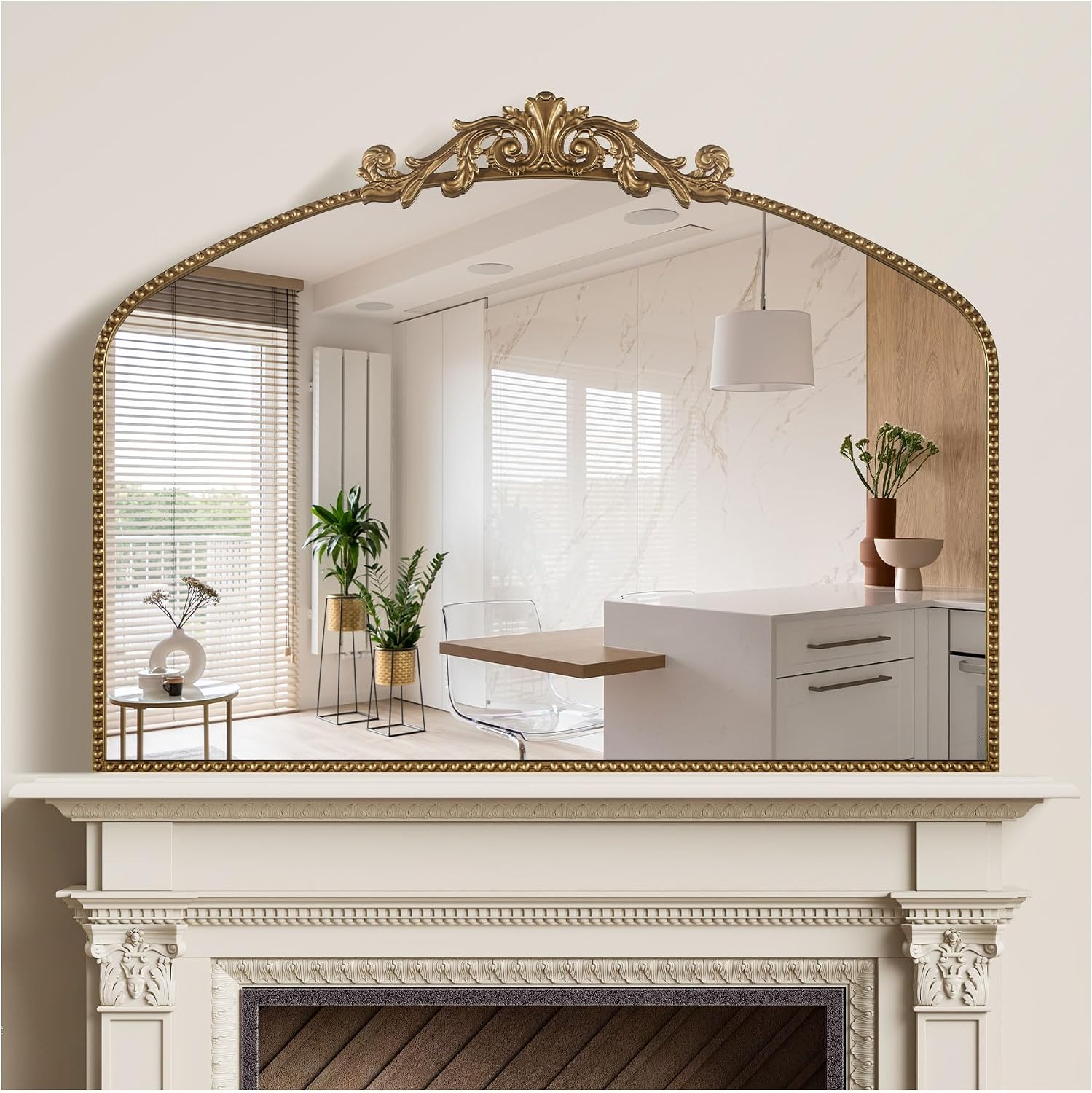 40'x30' Gold Large Antique Mirror, Vintage Baroque Mirror with Ornate Beaded Frame for Home Decor - Living Room, Entryway, Bathroom, Fireplace