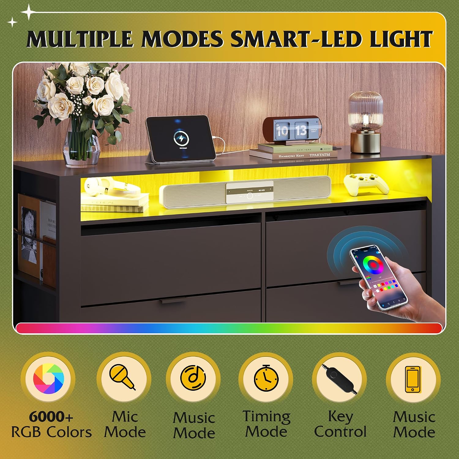 WLIVE 6 Drawer Led Dresser for Bedroom, 51' Black Wood Dresser Storage Organizer with Charging Station for 55' TV, Dressers with Open Shelves, Hanging Rack, Chest of Drawers for Closet, Living Room