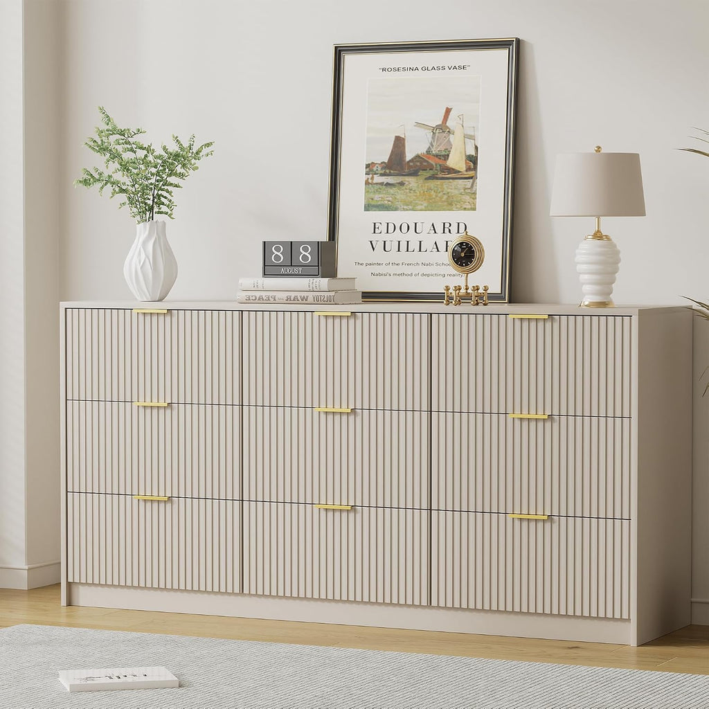 Furniway Beige Dresser for Bedroom, Modern Dresser with 9 Drawers and Smooth Slides, Wide Chest of Drawers with Golden Handles for Bedroom, Living Room, Closet, 15.7' D x 63' W x 31.5' H