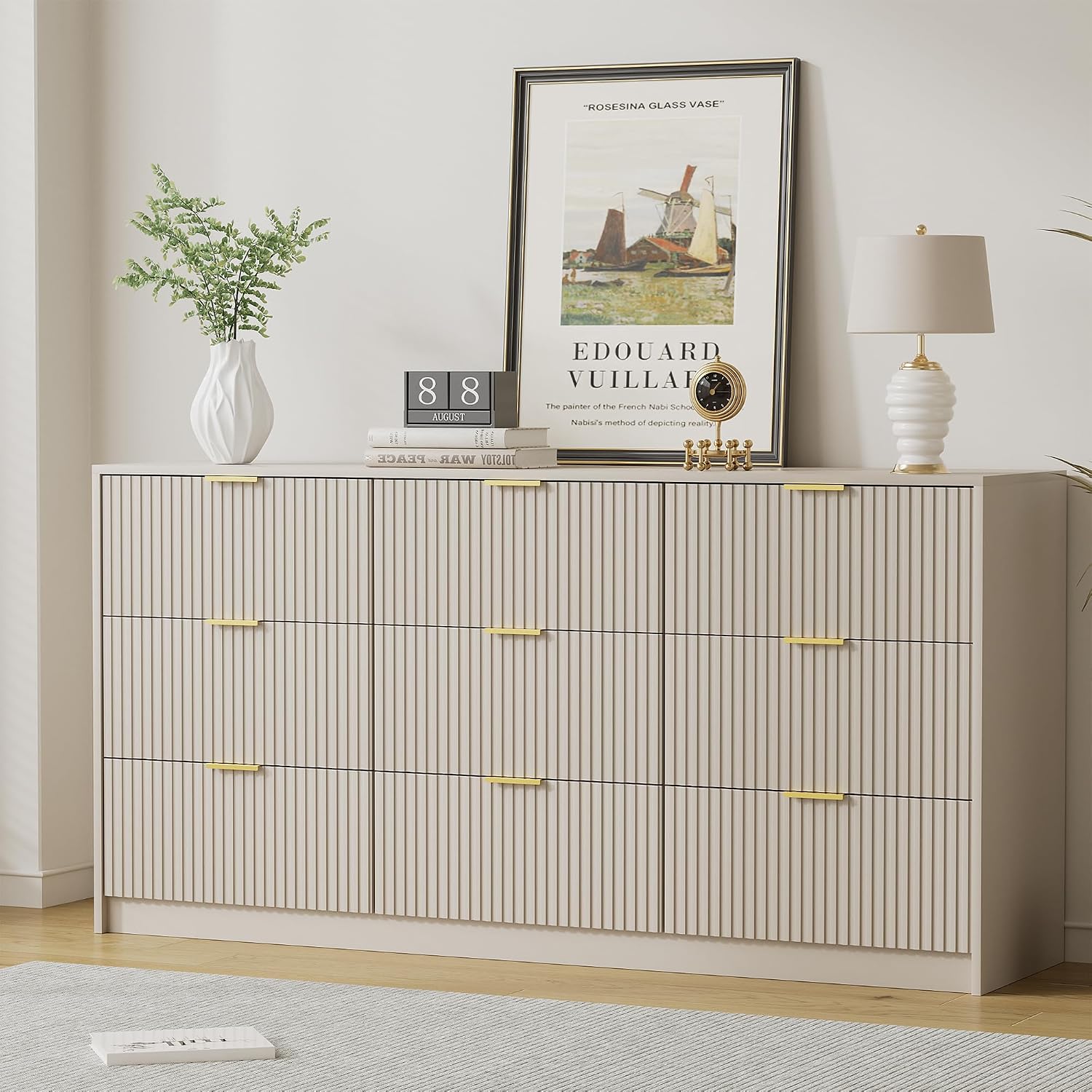 Furniway Beige Dresser for Bedroom, Modern Dresser with 9 Drawers and Smooth Slides, Wide Chest of Drawers with Golden Handles for Bedroom, Living Room, Closet, 15.7' D x 63' W x 31.5' H